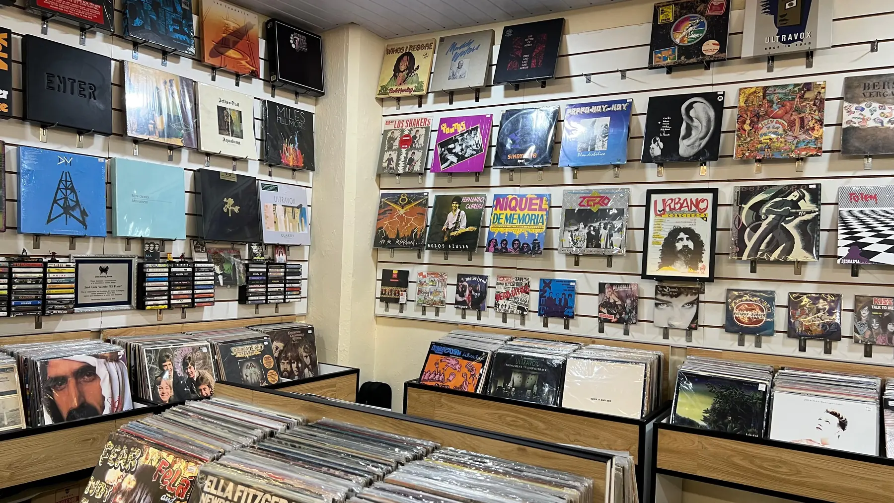 Interior de Flaco Records: paredes con vinilos y bateas